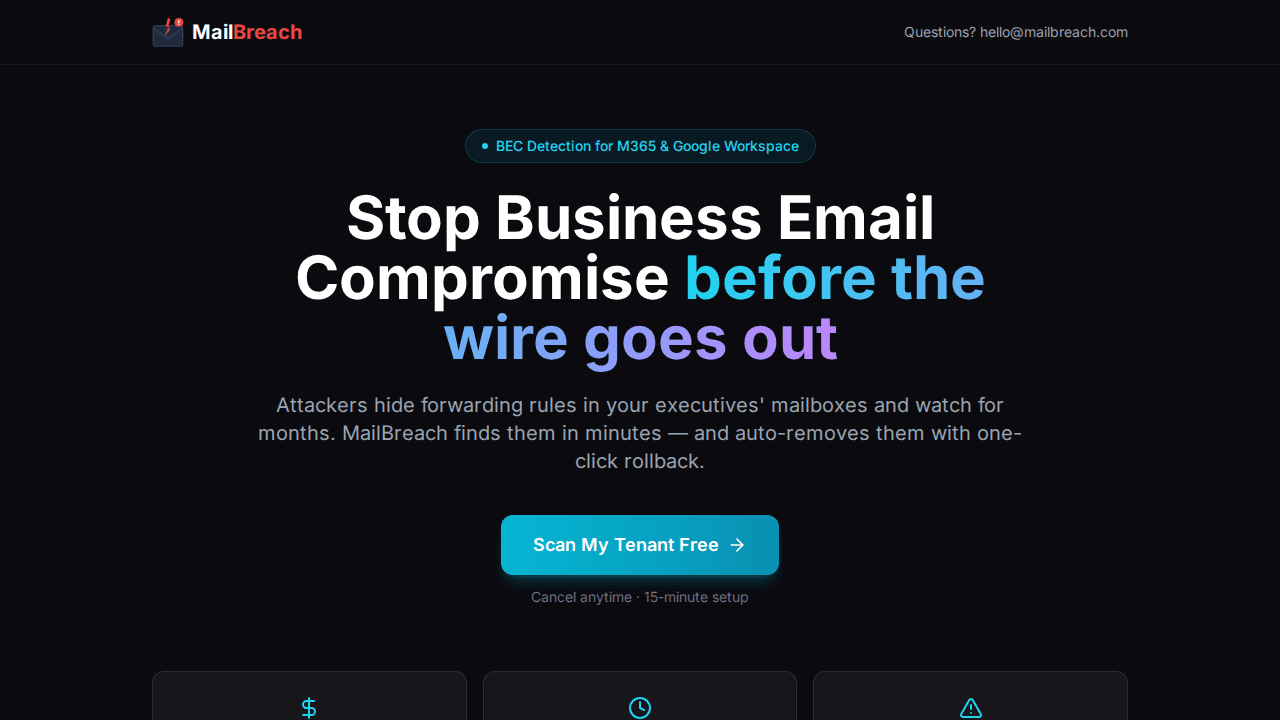 BEC Detection Landing Page — Stop Business Email Compromise before the wire goes out
